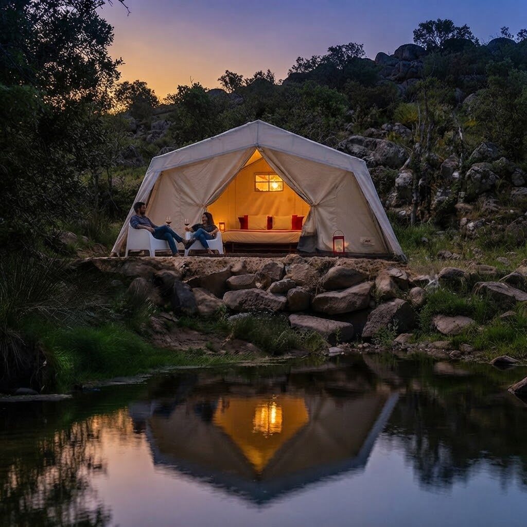 Cabana de madeira rodeada de árvores — Glamping em Setúbal e Costa Azul