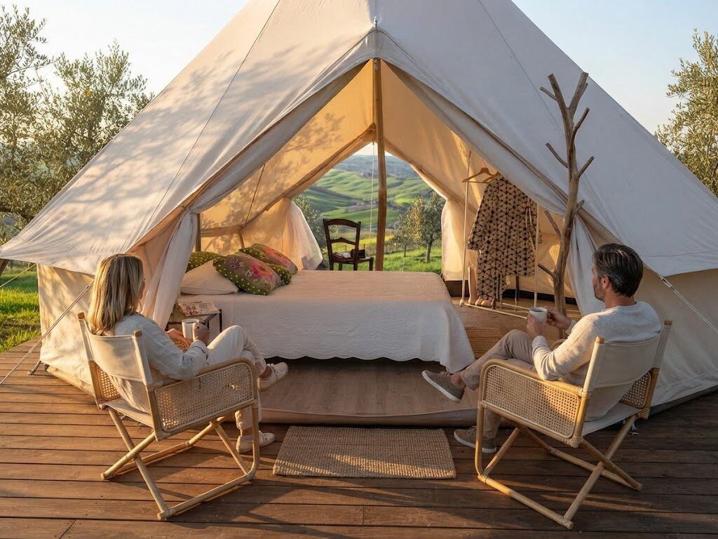 Tenda safari iluminada ao entardecer — Glamping em Setúbal e Costa Azul