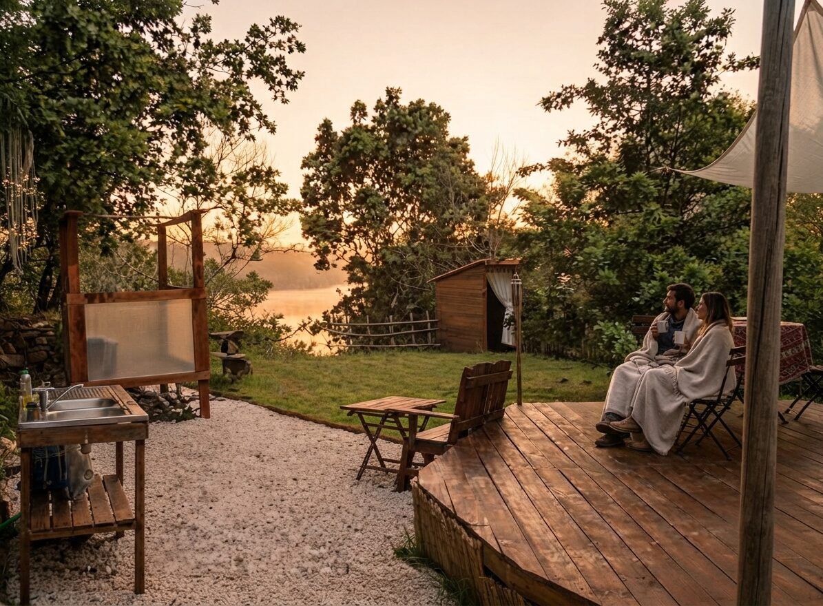 Cabana de madeira rodeada de árvores — Glamping em Estremoz