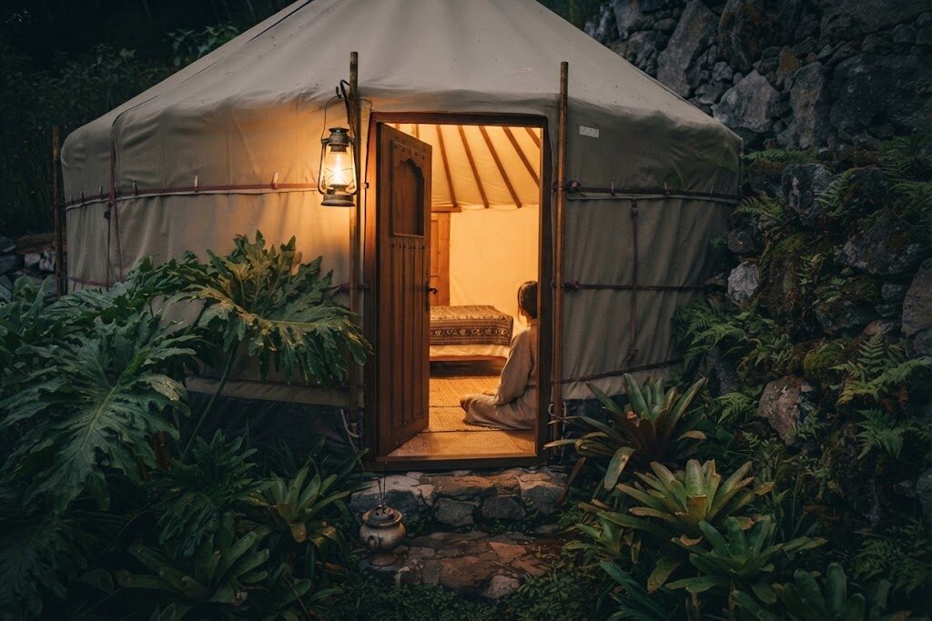 Iurte com esplanada e espreguiçadeiras — Glamping no Norte de Portugal