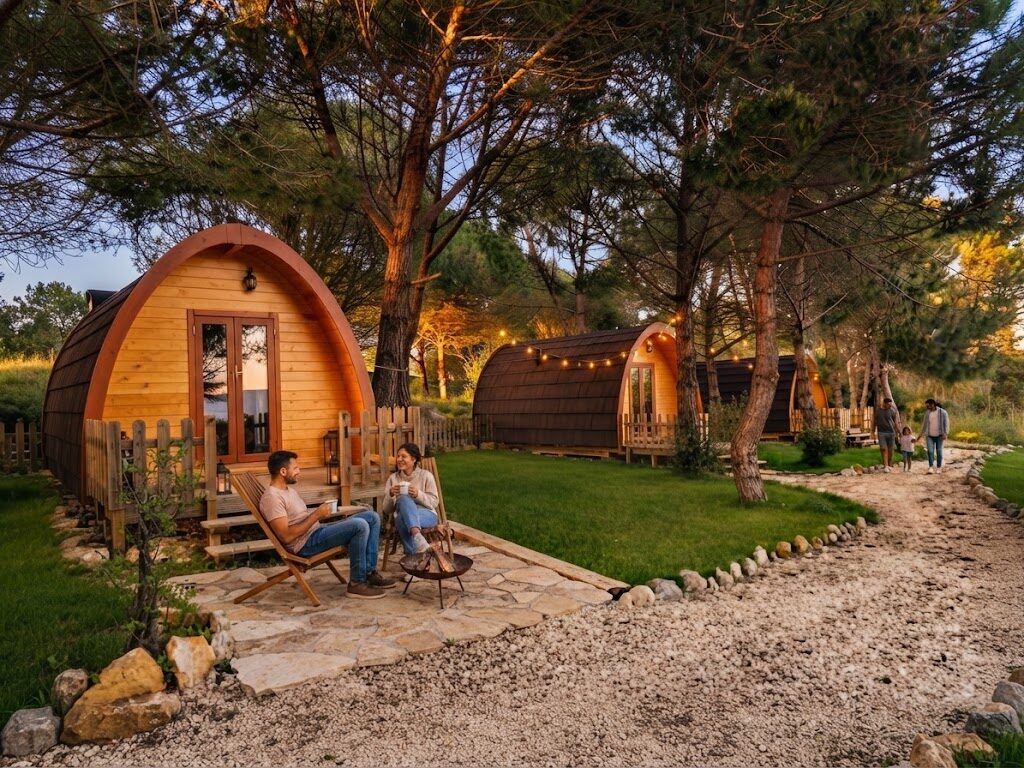 Tenda glamping ao pôr do sol na natureza portuguesa — Glamping com Jacuzzi em Portugal