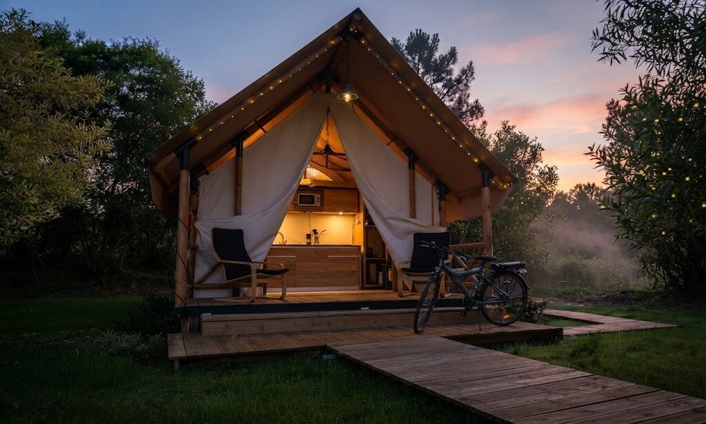 Tenda safari iluminada ao entardecer — Reservas e Melhores Glampings de Portugal