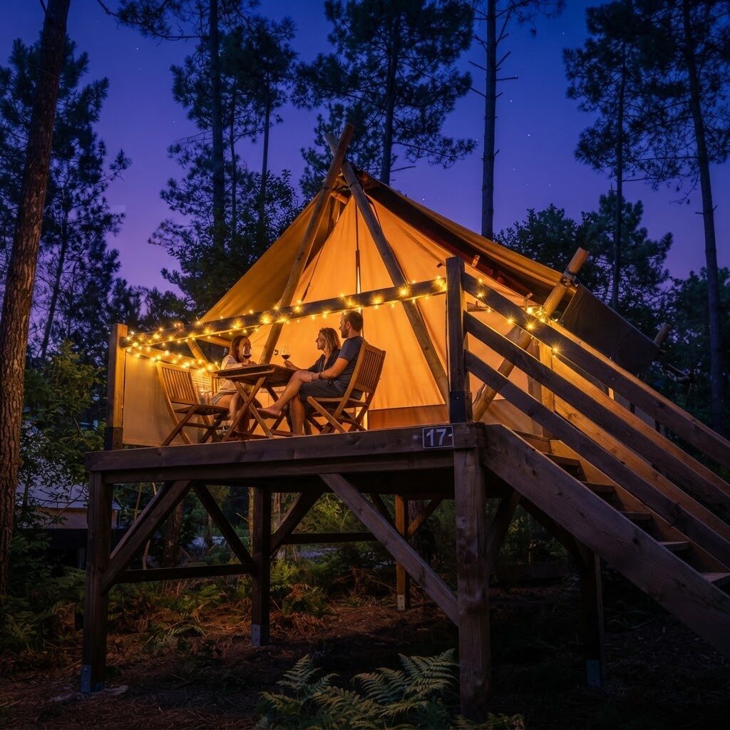 Cabana de madeira rodeada de árvores — Glamping em Portugal