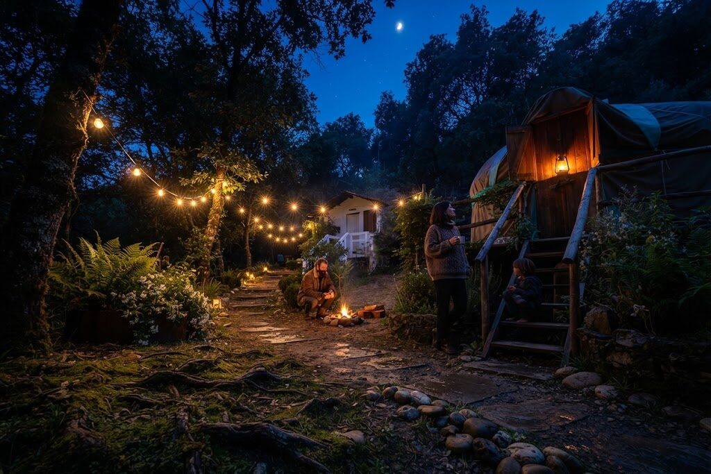 Tenda safari iluminada ao entardecer — Glamping na Madeira