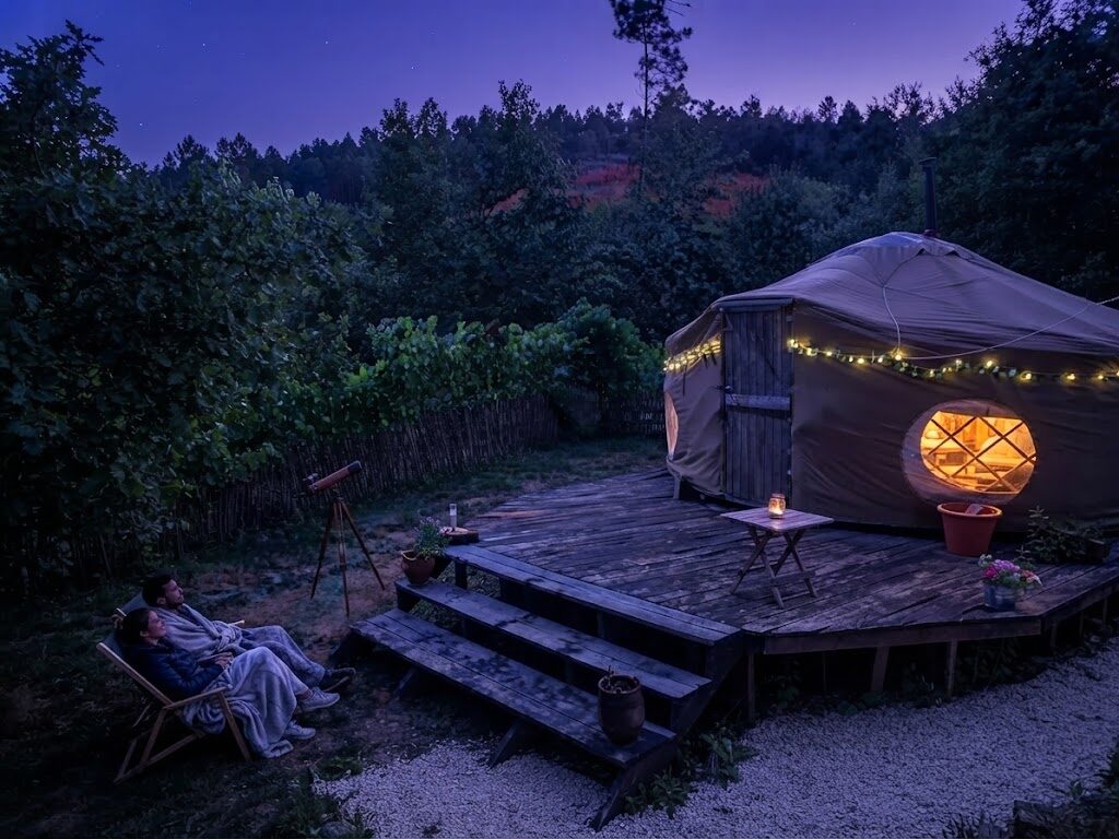Iurte com esplanada e espreguiçadeiras — Glamping no Algarve