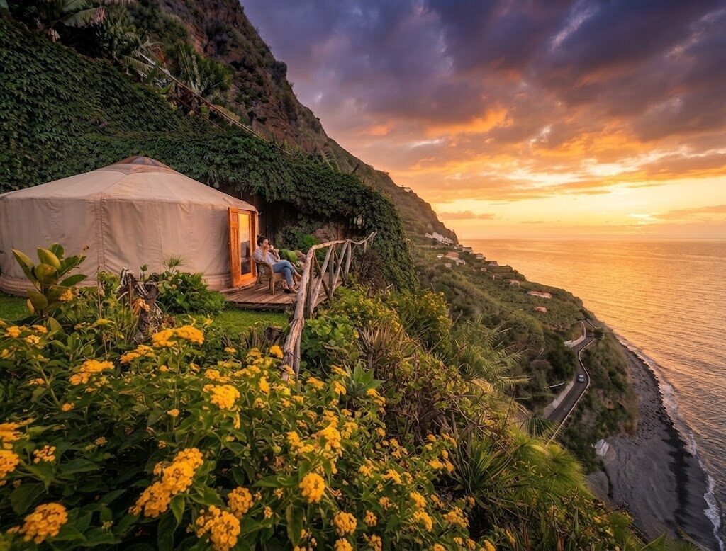 Iurte com esplanada e espreguiçadeiras — Glamping em Faro