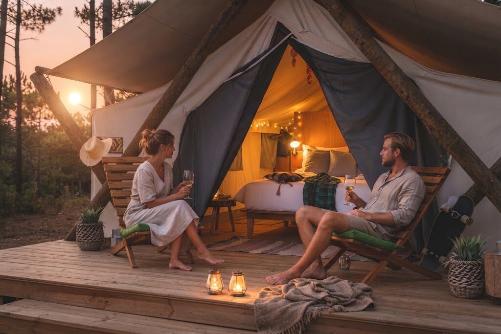 Iurte com esplanada e espreguiçadeiras — Glamping em Lisboa