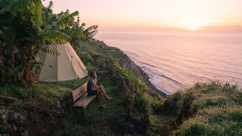 Cabana de madeira rodeada de árvores — Glamping perto de Lisboa