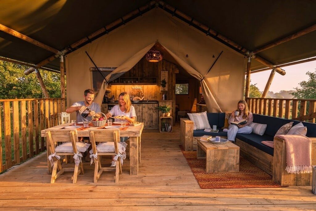 Cabana de madeira rodeada de árvores — Glamping no Centro e Serra da Estrela