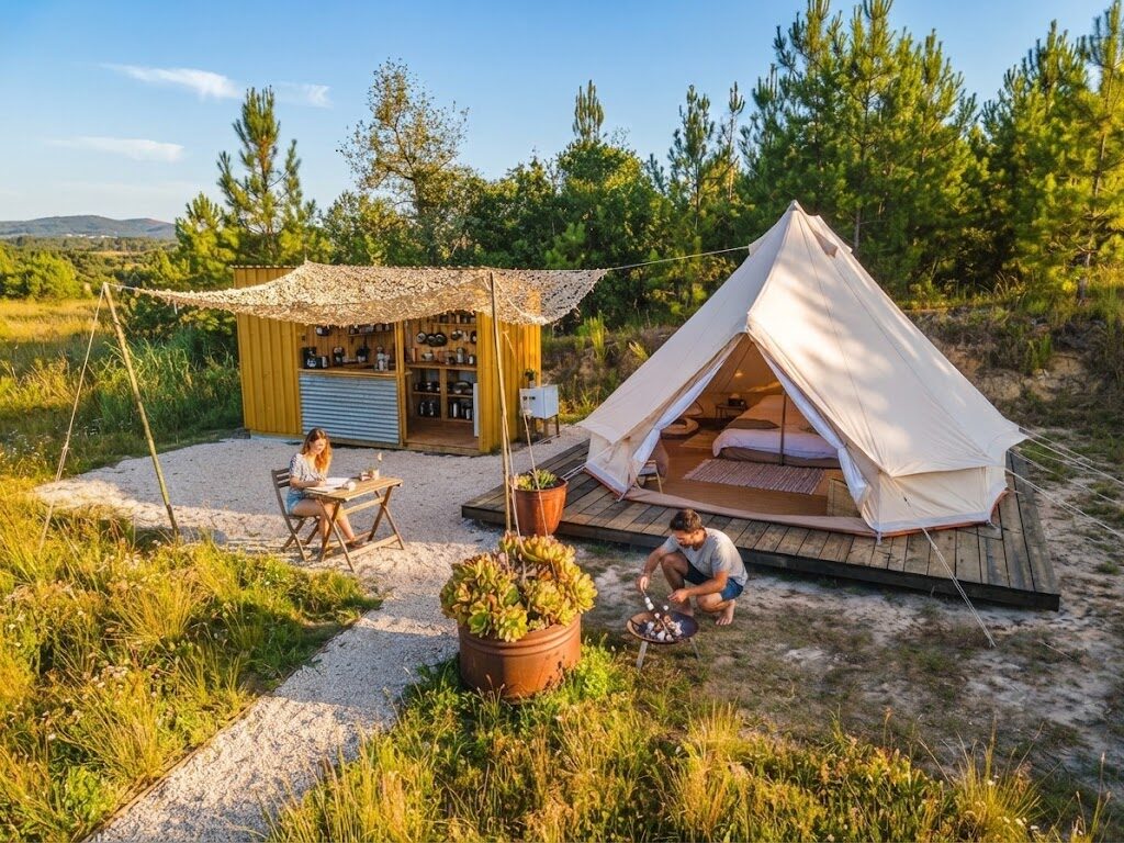 Tenda safari iluminada ao entardecer — Glamping no Centro e Serra da Estrela