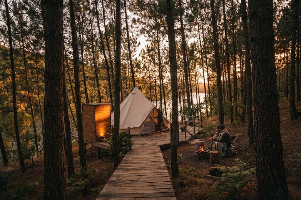 Tenda glamping ao pôr do sol na natureza portuguesa — Glamping no Fundão