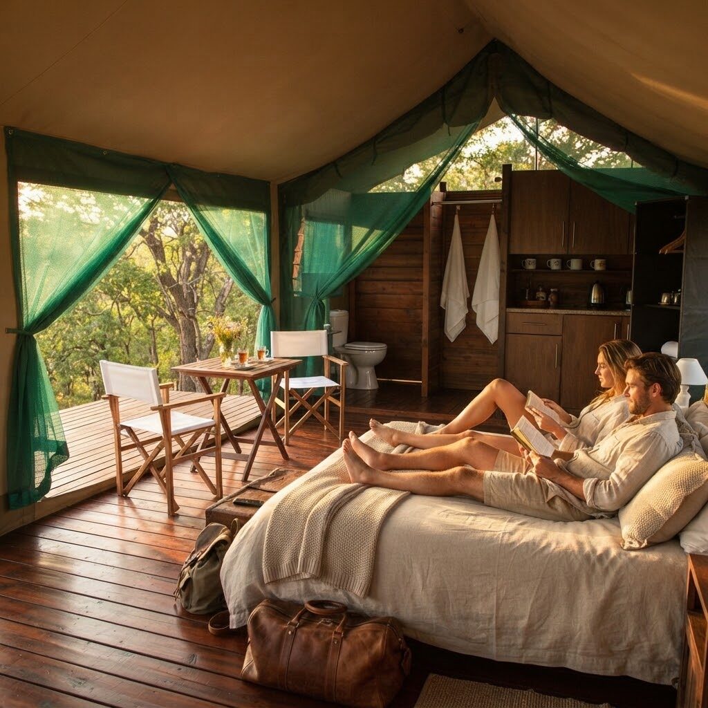 Cabana de madeira rodeada de árvores — Glamping no Fundão
