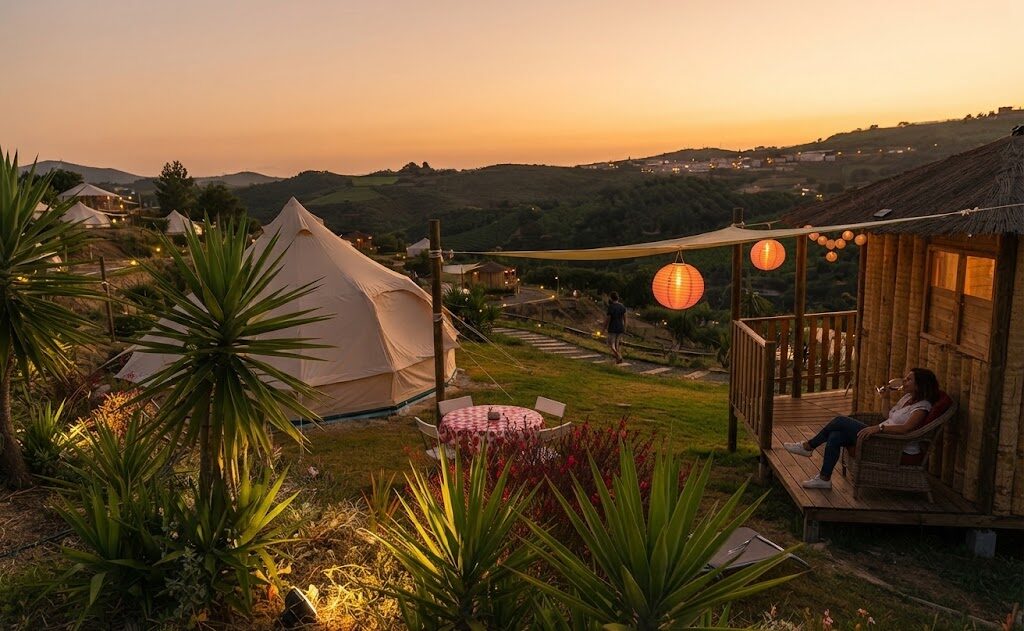 Iurte com esplanada e espreguiçadeiras — Glamping no Fundão