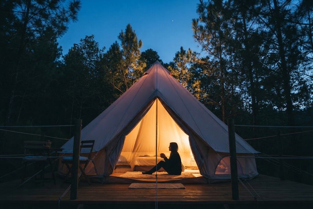 Tenda glamping ao pôr do sol na natureza portuguesa — Natura Glamping Fundão